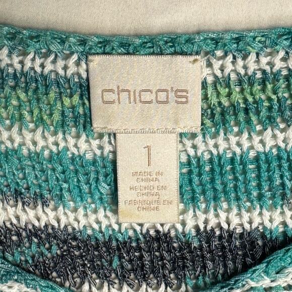 Chico's Asymmetric Hem Variegated Striped Sweater Turquoise Blue White Women M - Picture 10 of 10